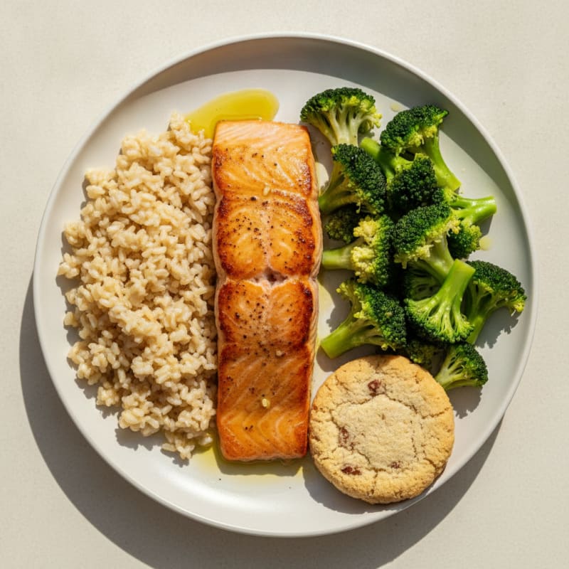 Pan-Seared Salmon with Steamed Broccoli and Brown Rice