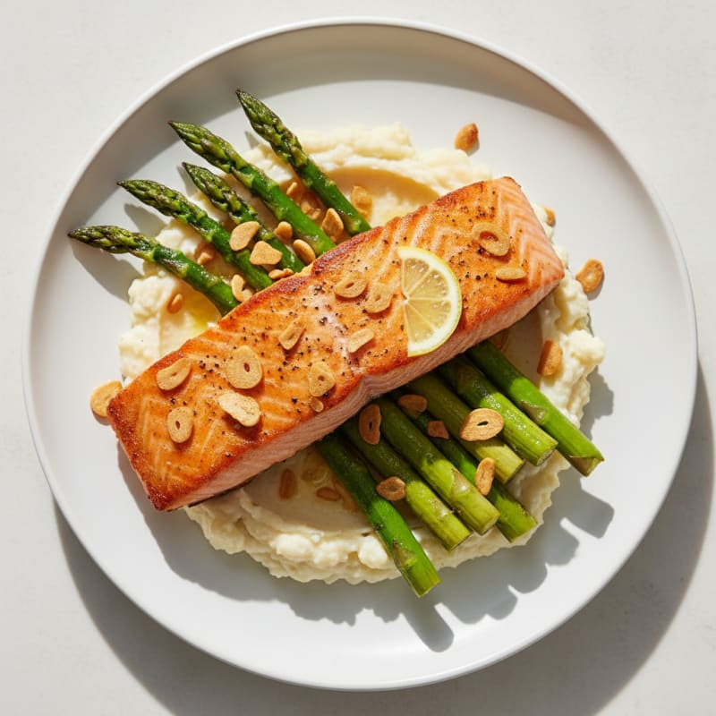 Seared Salmon Fillet with Roasted Asparagus and Cauliflower Mash