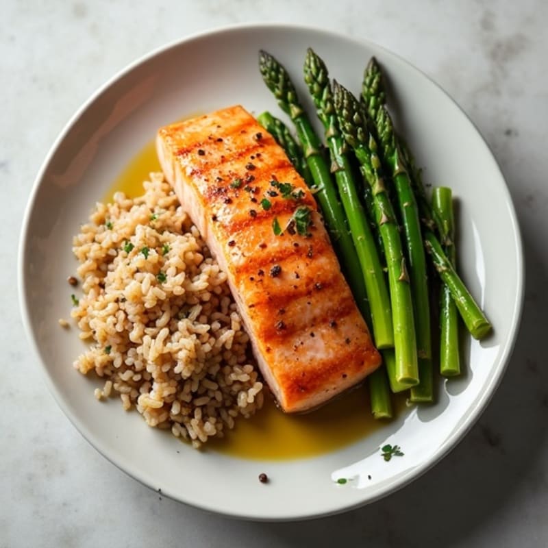 Seared Salmon Fillet with Steamed Asparagus and Brown Rice