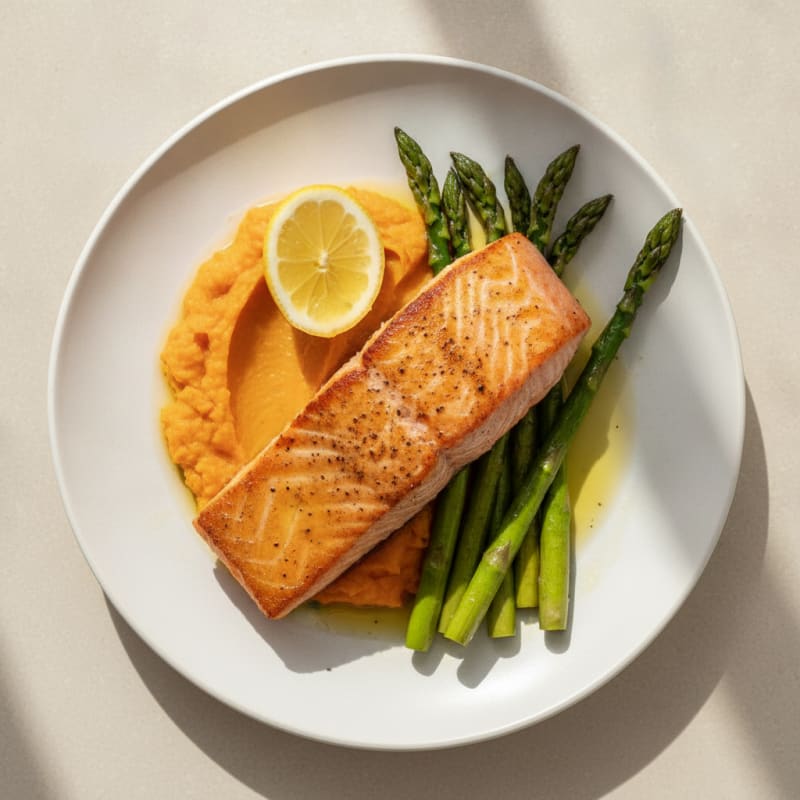 Seared Salmon Filet with Roasted Asparagus and Sweet Potato Mash
