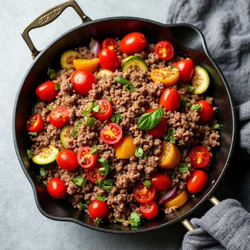 Lean Ground Beef and Roasted Vegetable Skillet