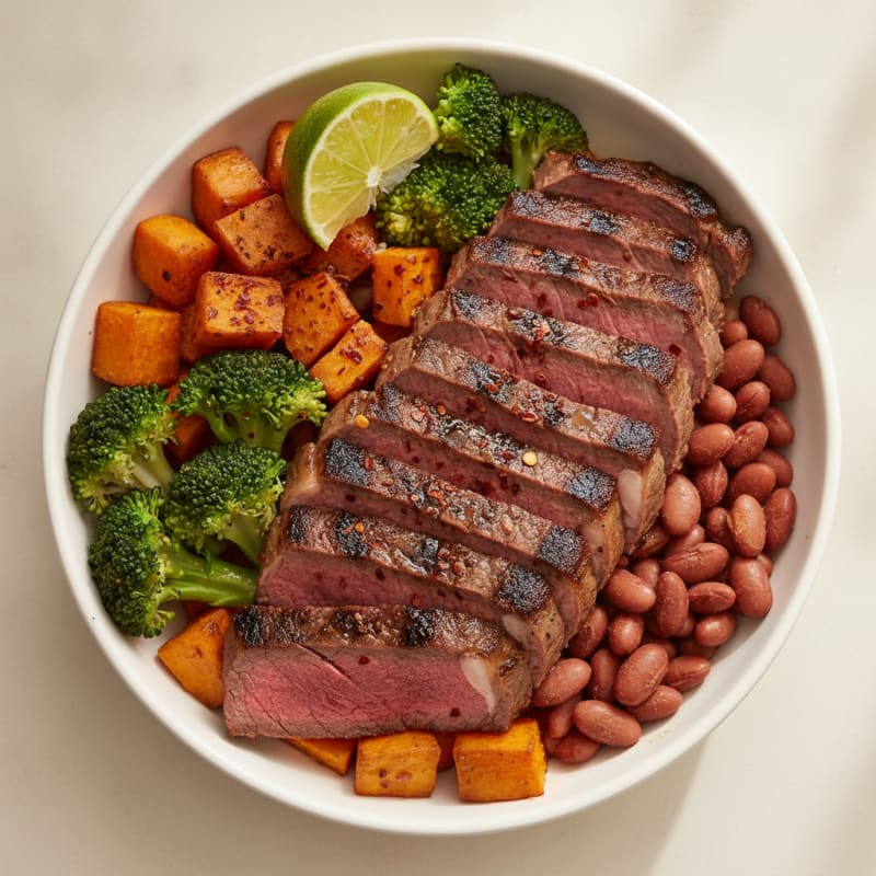 Seared Beef Bowl with Roasted Sweet Potatoes, Broccoli, and Pinto Beans