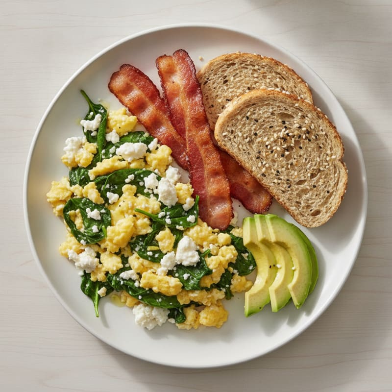 Cottage Cheese Scramble with Spinach and Turkey Bacon