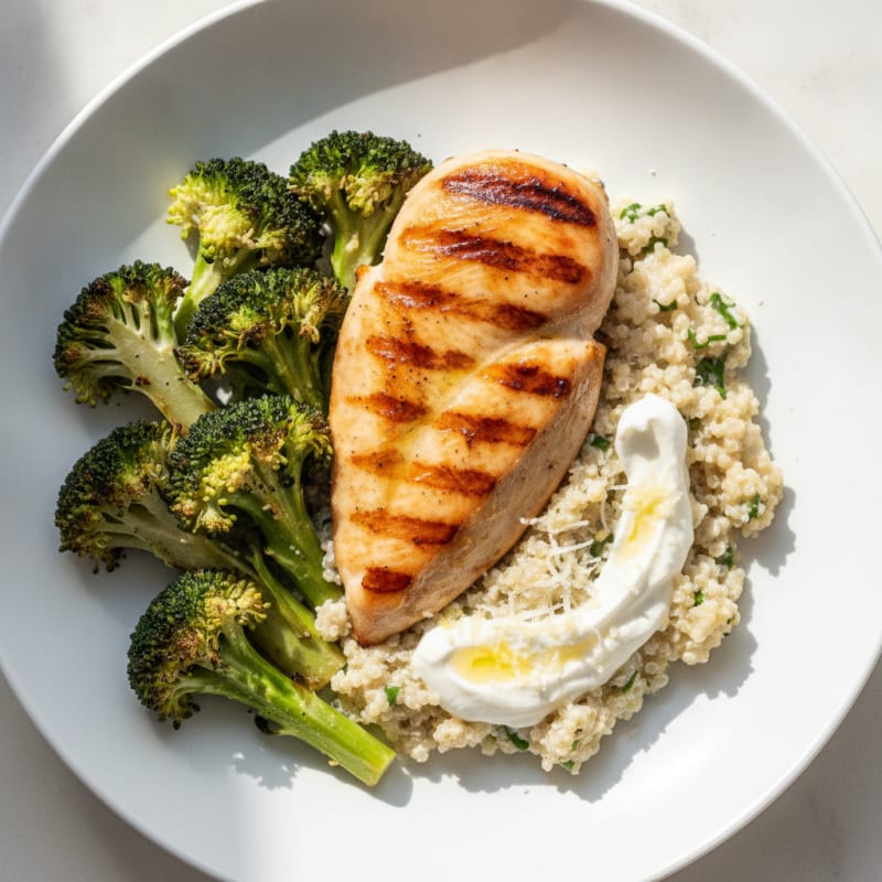 Grilled Chicken Breast with Creamy Quinoa and Roasted Broccoli