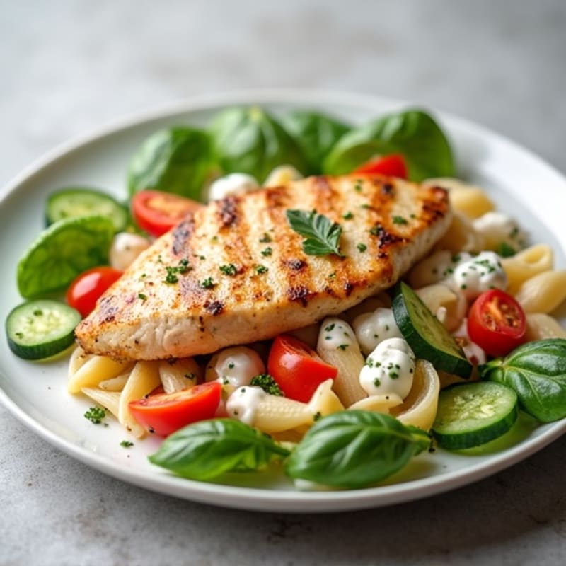 Grilled Chicken Breast with Creamy Greek Yogurt Pasta Salad