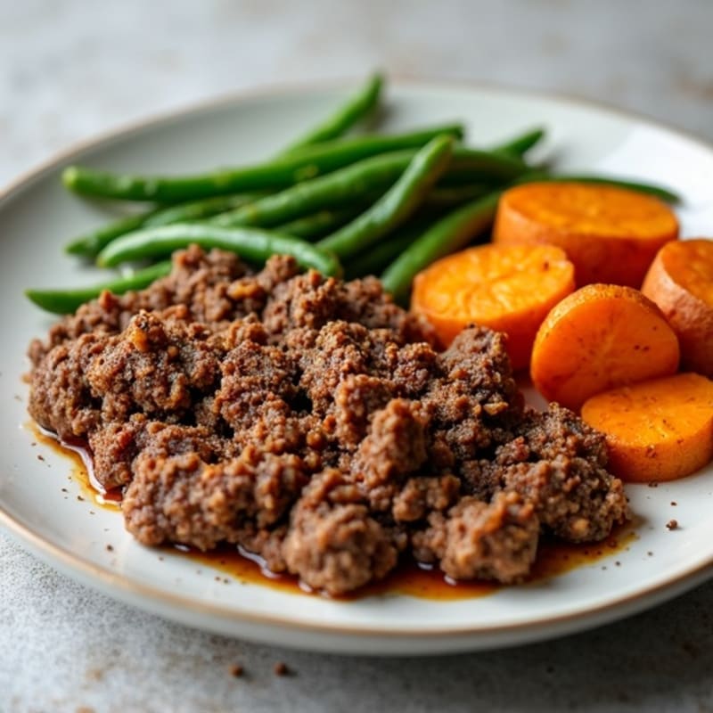 Crispy Ground Beef with Roasted Sweet Potatoes and Green Beans