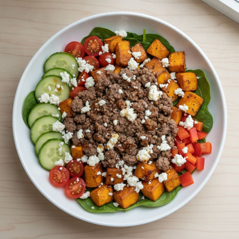 Beef Burger Bowl with Sweet Potato and Feta