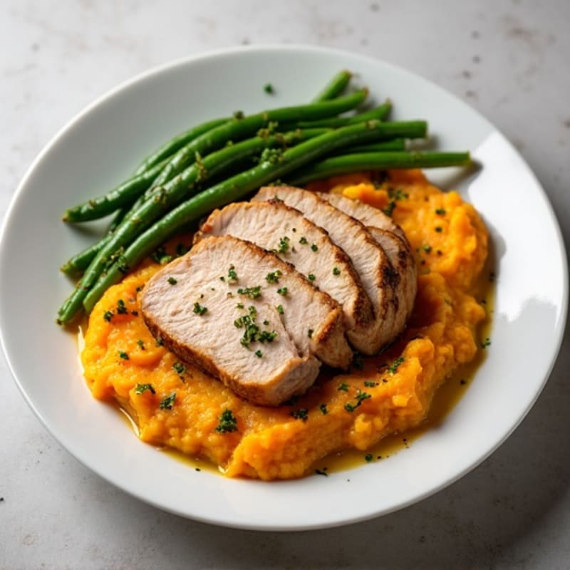 Roasted Turkey Breast with Garlic Green Beans and Sweet Potato Mash