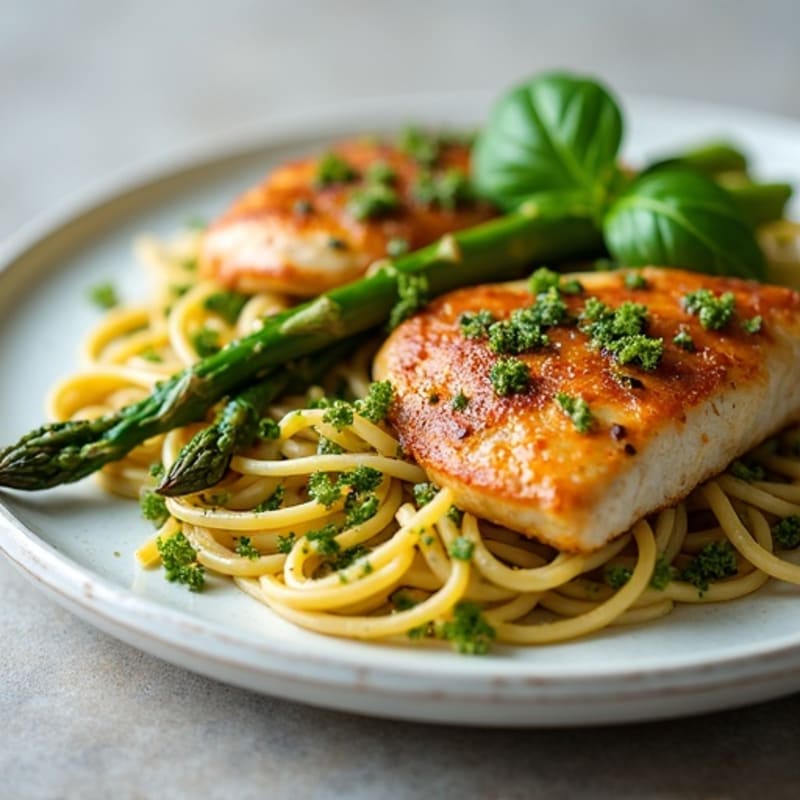 Fresh Pesto Chicken with Whole Wheat Pasta and Roasted Asparagus