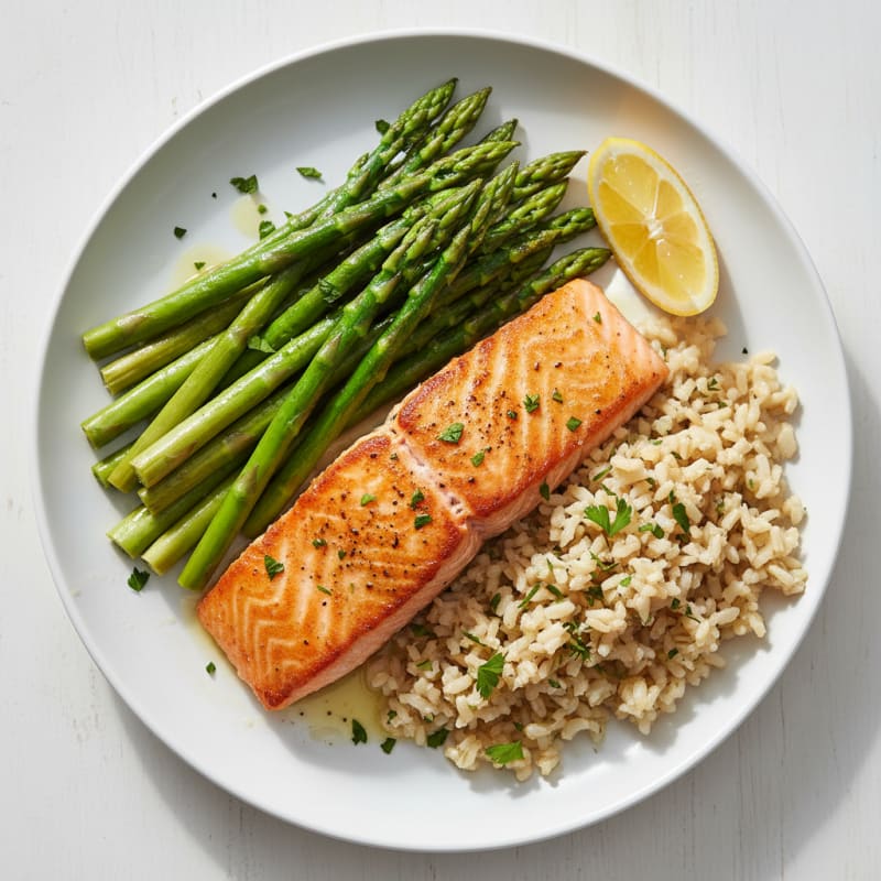 Seared Salmon Fillet with Steamed Asparagus and Herbed Brown Rice