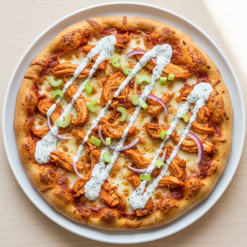Buffalo Chicken Pizza with Ranch Drizzle