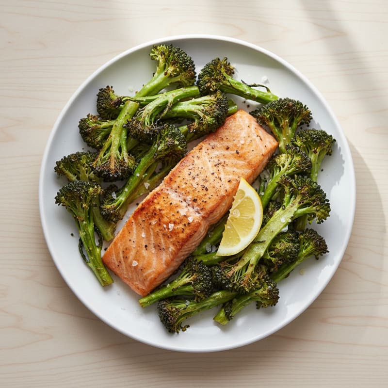 Seared Salmon Fillet with Roasted Broccoli and Lemon