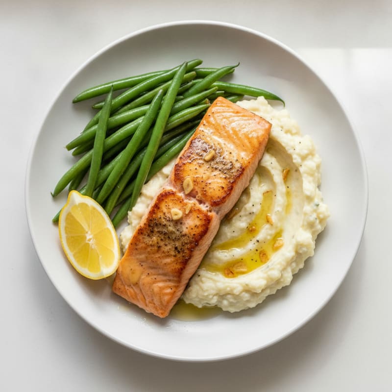 Seared Salmon with Steamed Green Beans and Garlic Mashed Cauliflower