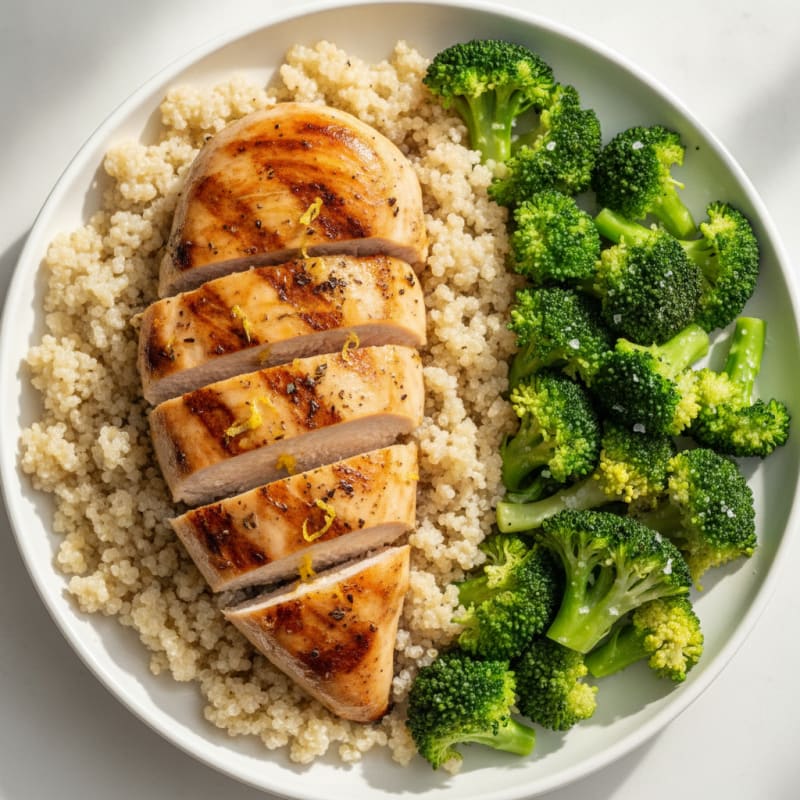 Grilled Chicken Breast with Steamed Broccoli and Quinoa