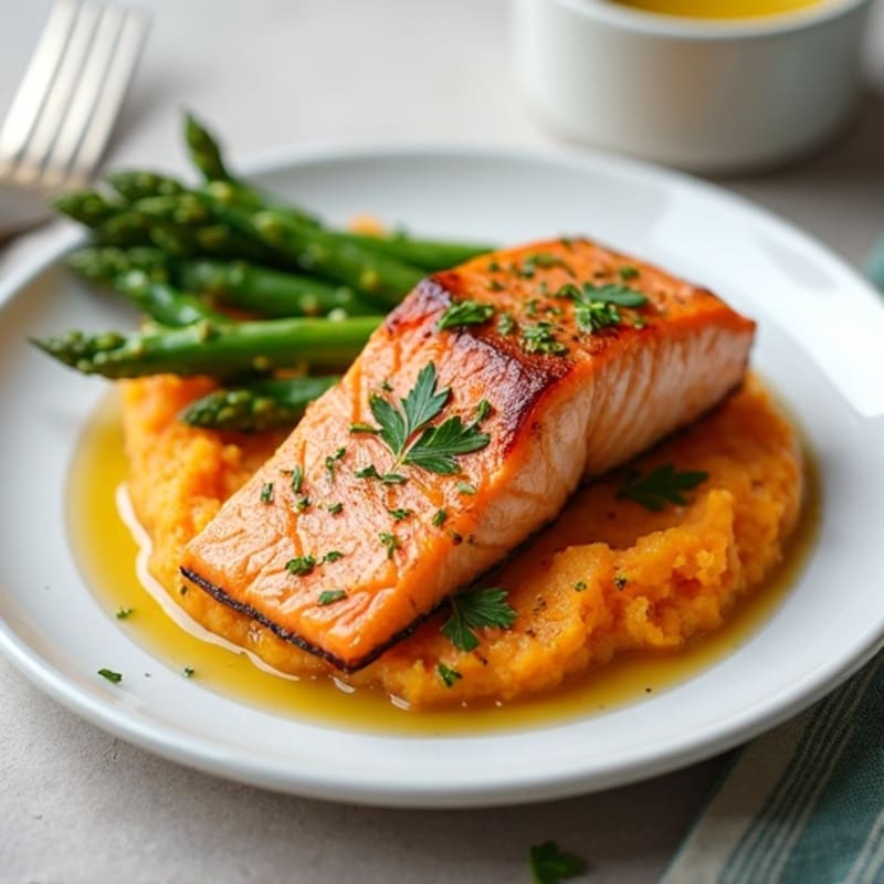 Seared Salmon with Steamed Asparagus and Sweet Potato Mash