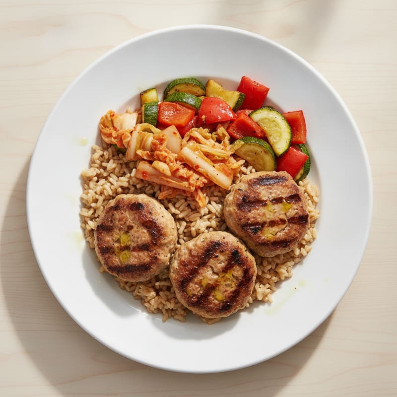 Grilled Turkey Patties with Roasted Veggies and Brown Rice