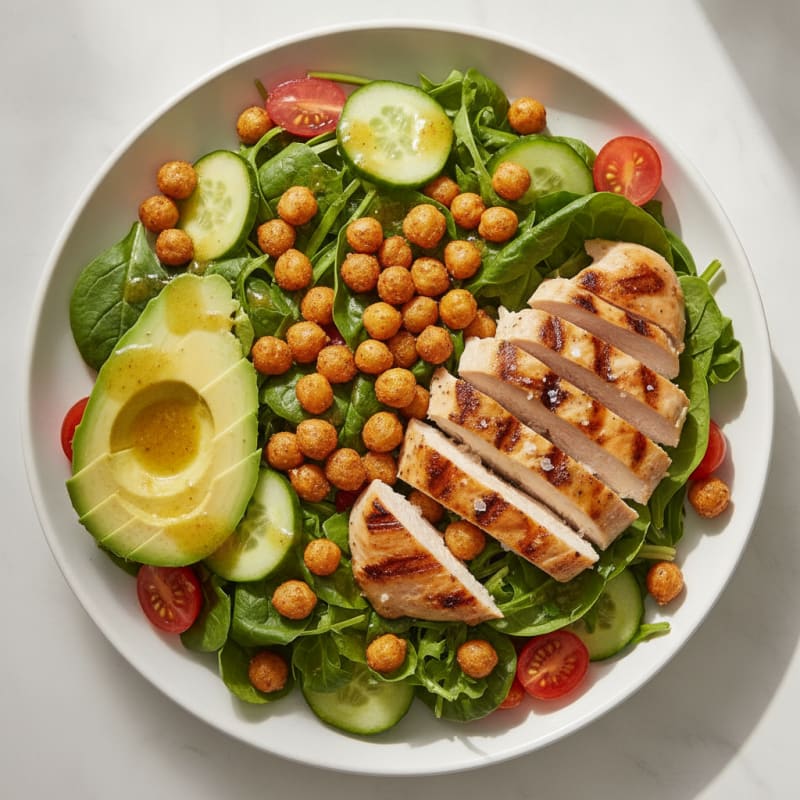 Grilled Chicken Salad with Crunchy Chickpeas and Avocado