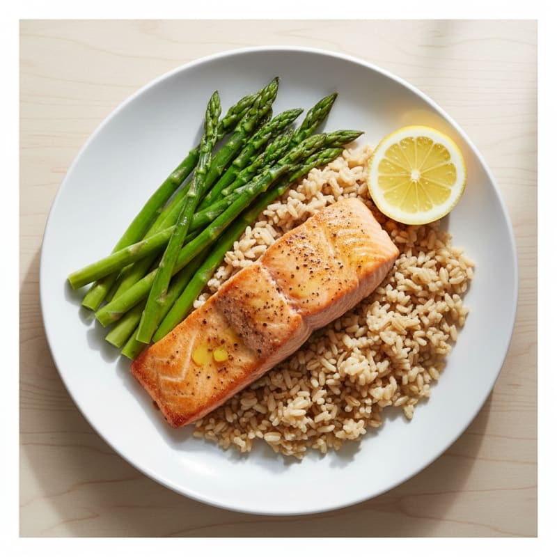 Seared Salmon with Steamed Asparagus and Brown Rice