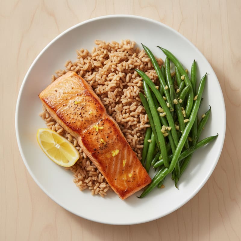 Seared Salmon with Garlic Green Beans and Brown Rice