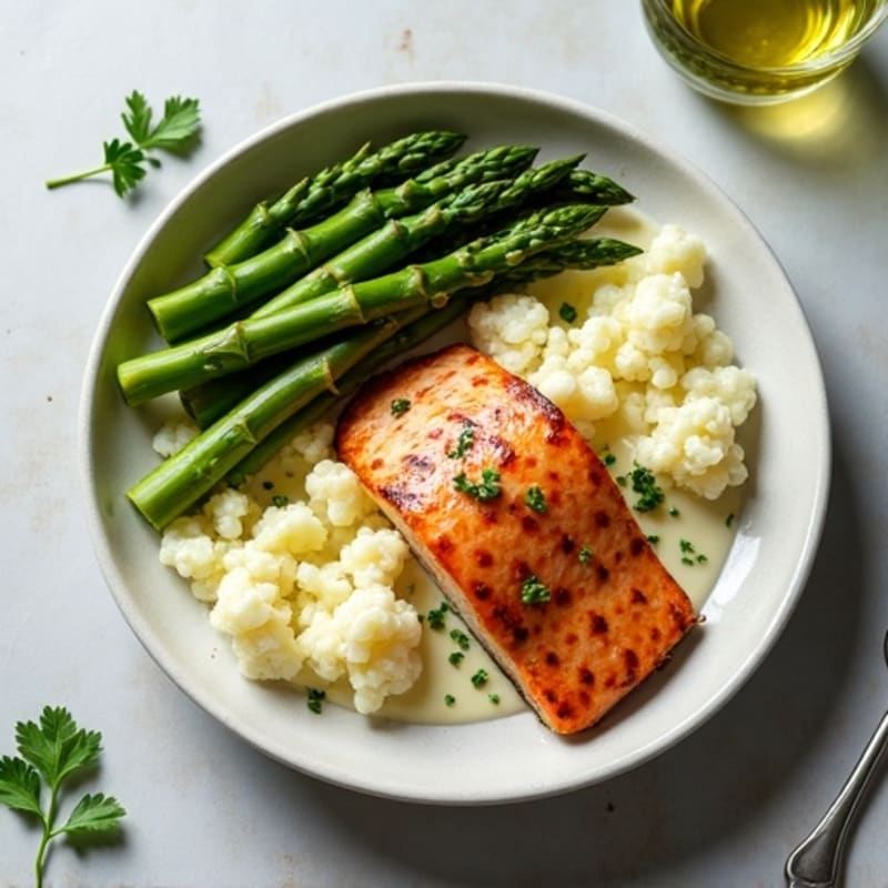 Seared Salmon Filet with Steamed Asparagus and Garlic Mashed Cauliflower