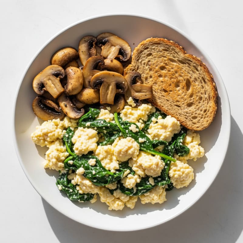 Cottage Cheese Scramble with Spinach and Sautéed Mushrooms