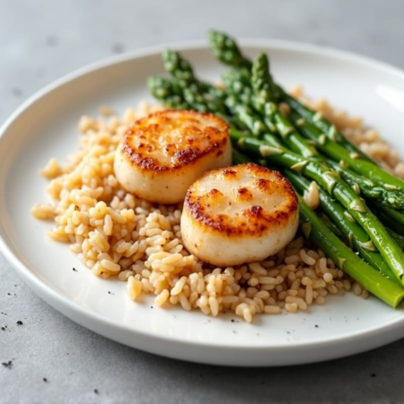 Pan-Seared Scallops with Lemon-Garlic Roasted Asparagus and Brown Rice