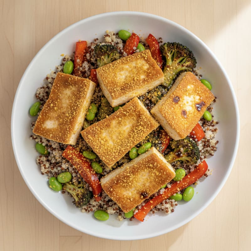 Crispy Tofu Power Bowl with Quinoa and Roasted Vegetables