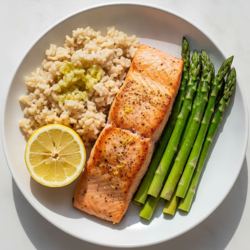 Seared Salmon with Steamed Asparagus and Brown Rice