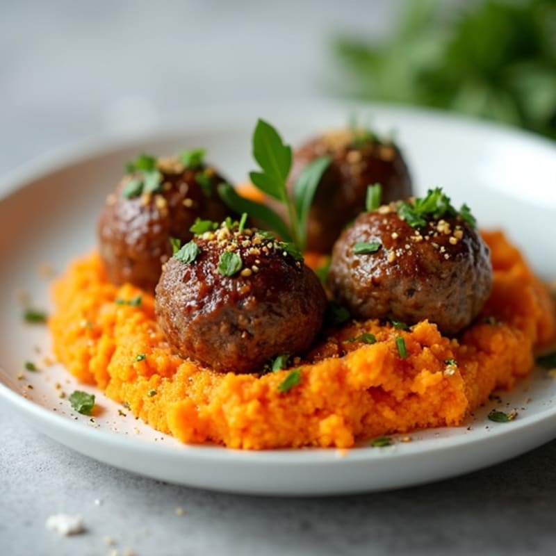 Herb-Seasoned Beef Meatballs with Roasted Sweet Potato Mash