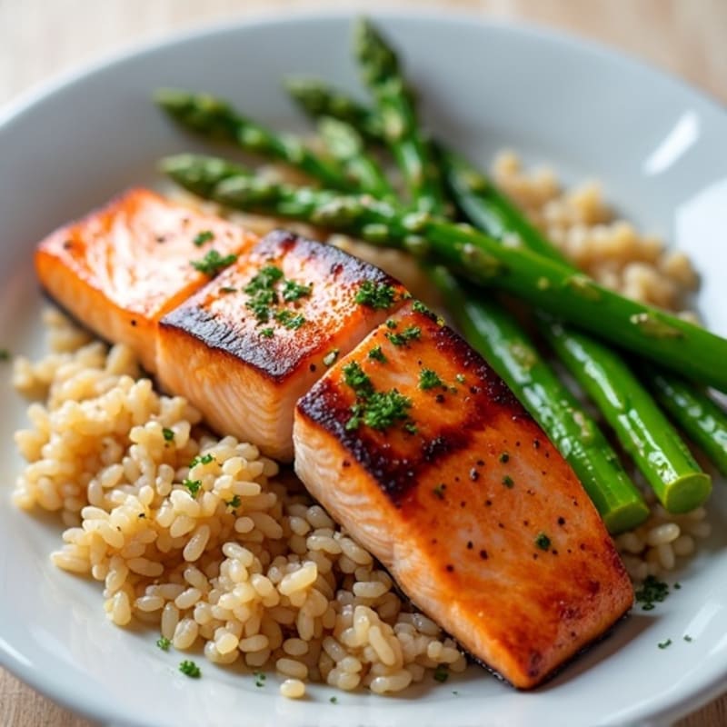 Seared Salmon Fillet with Steamed Asparagus and Brown Rice