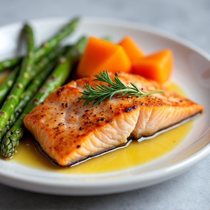 Seared Salmon with Roasted Sweet Potato and Asparagus