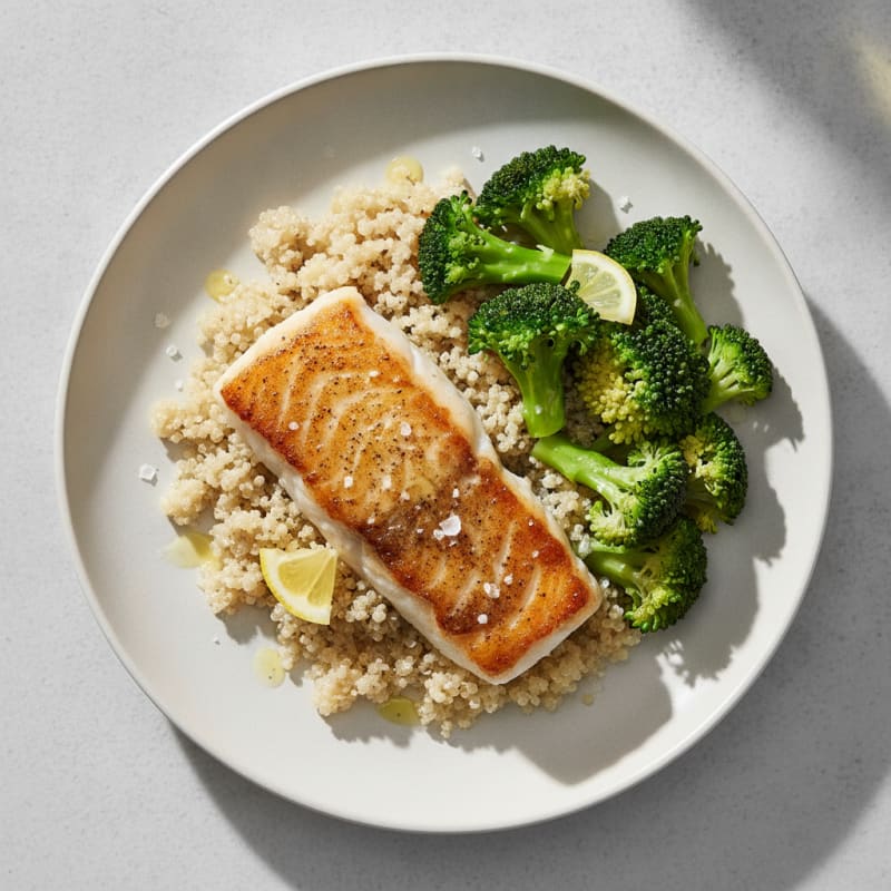 Seared Cod Fillet with Steamed Broccoli and Quinoa