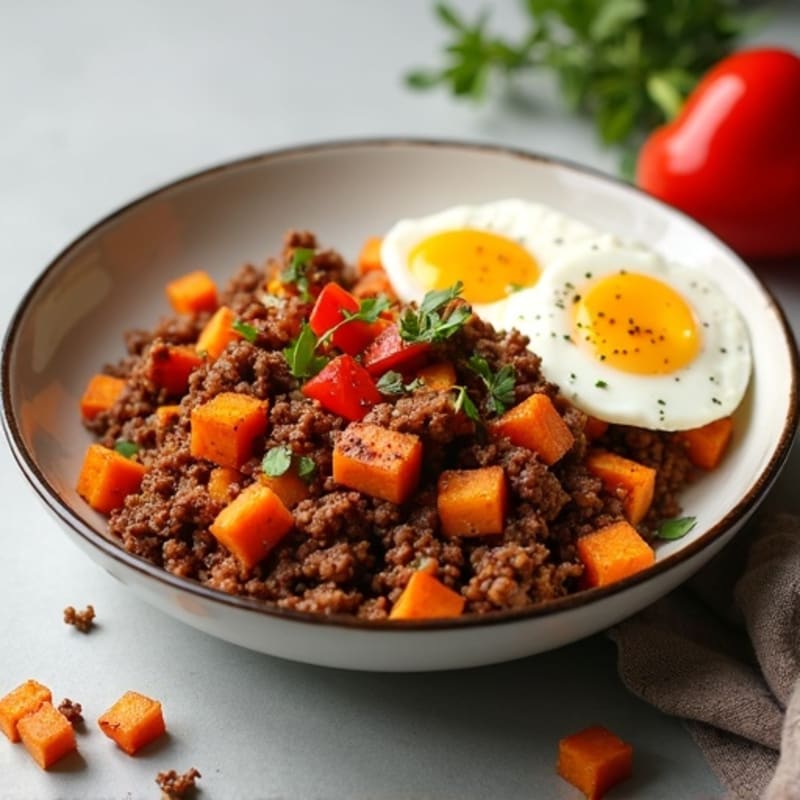 Seasoned Ground Beef and Crispy Sweet Potato Hash