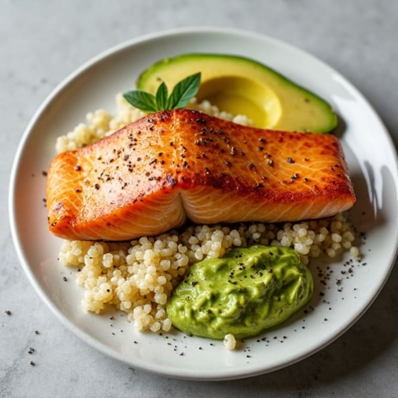 Crispy Roasted Salmon with Creamy Avocado and Fluffy Quinoa