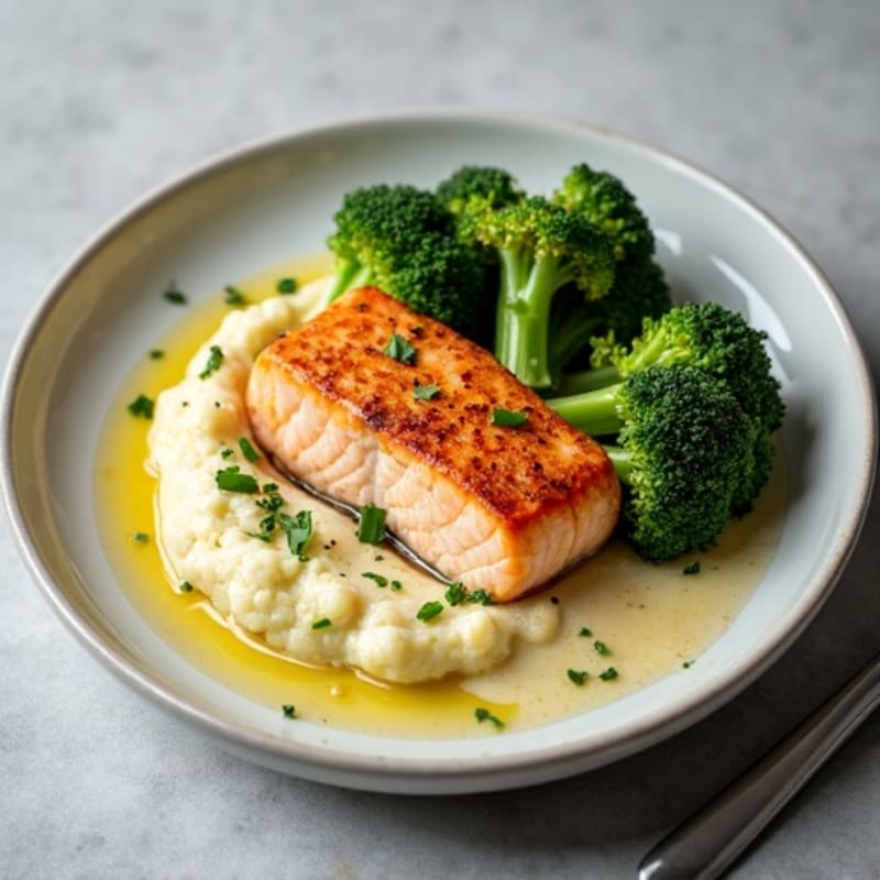 Seared Salmon with Roasted Broccoli and Garlic Cauliflower Mash