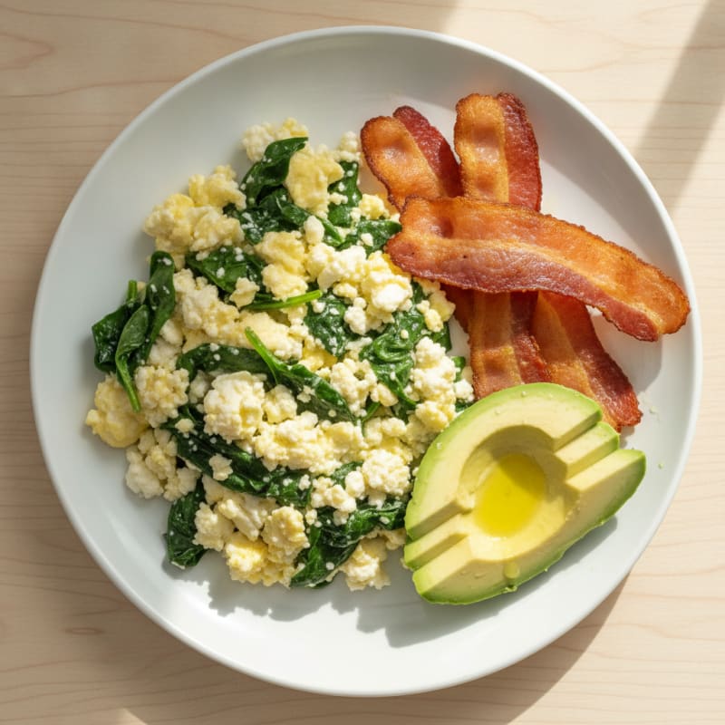 Cottage Cheese Scramble with Spinach and Turkey Bacon
