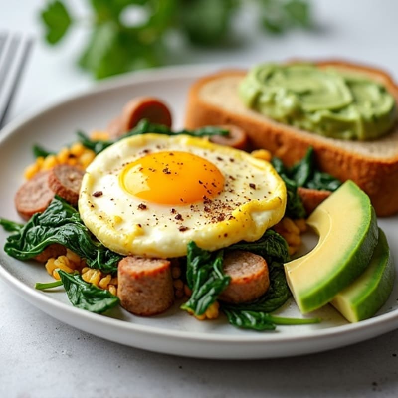 Egg White Scramble with Turkey Sausage and Sautéed Spinach (with Toast & Avocado)