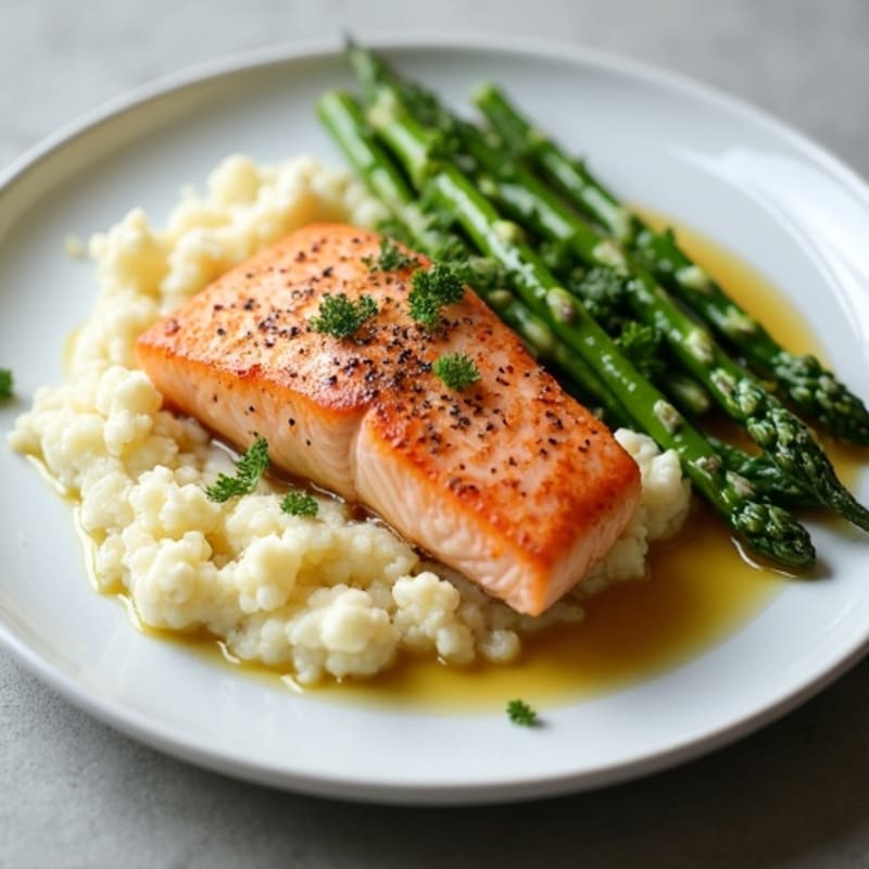 Seared Salmon with Steamed Asparagus and Cauliflower Mash