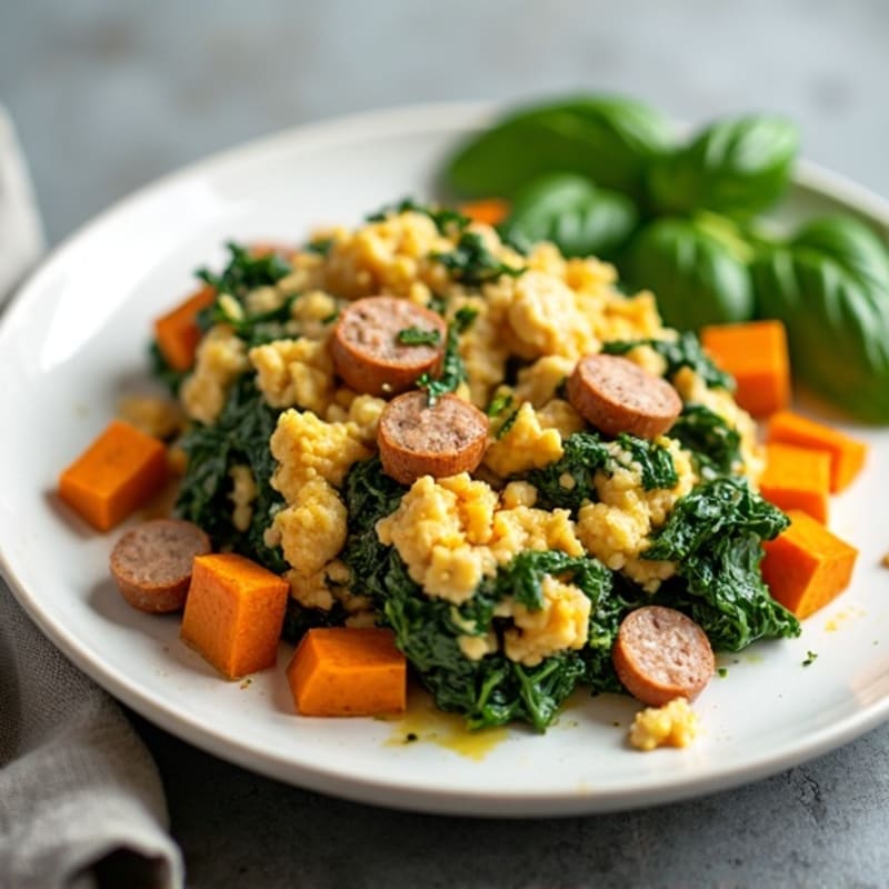 Egg White and Turkey Sausage Scramble with Spinach and Roasted Sweet Potato