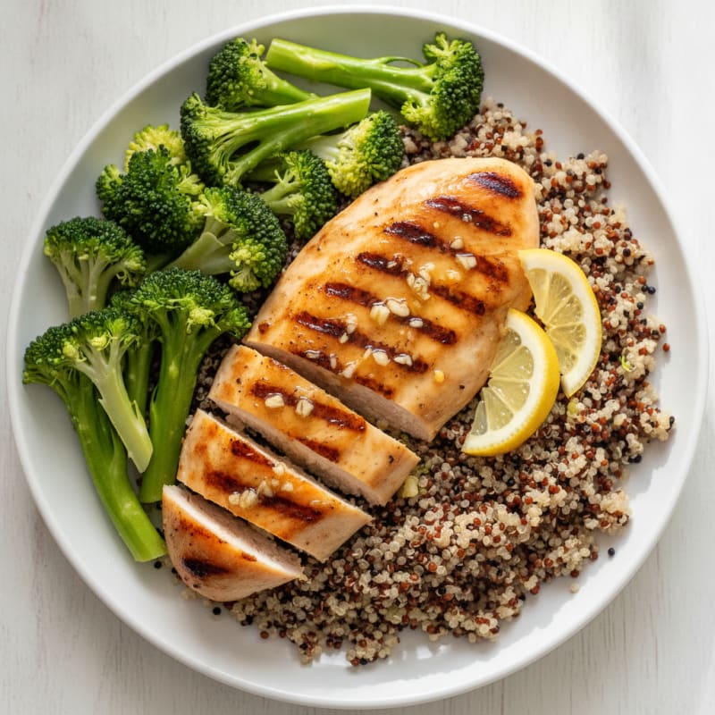Grilled Lemon Garlic Chicken Breast with Quinoa and Steamed Broccoli