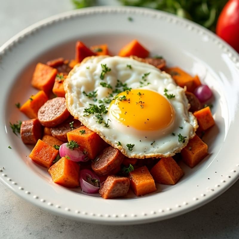 Crispy Sweet Potato and Egg Hash with Fresh Herbs