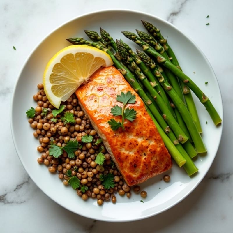 Seared Salmon with Herbed Lentil Salad and Steamed Asparagus