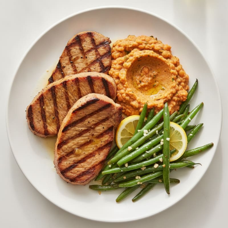 Grilled Seitan Steaks with Garlic Green Beans and Lentil Mash