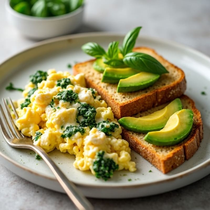 Egg White Spinach Scramble with Cottage Cheese, Sliced Turkey & Toasted Avocado