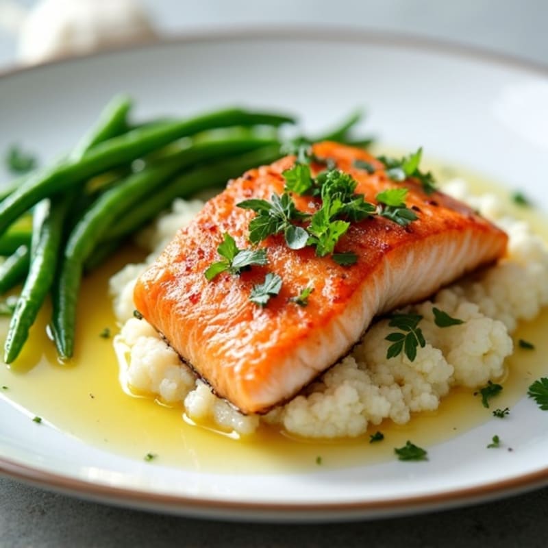 Seared Salmon with Garlic Green Beans and Mashed Cauliflower