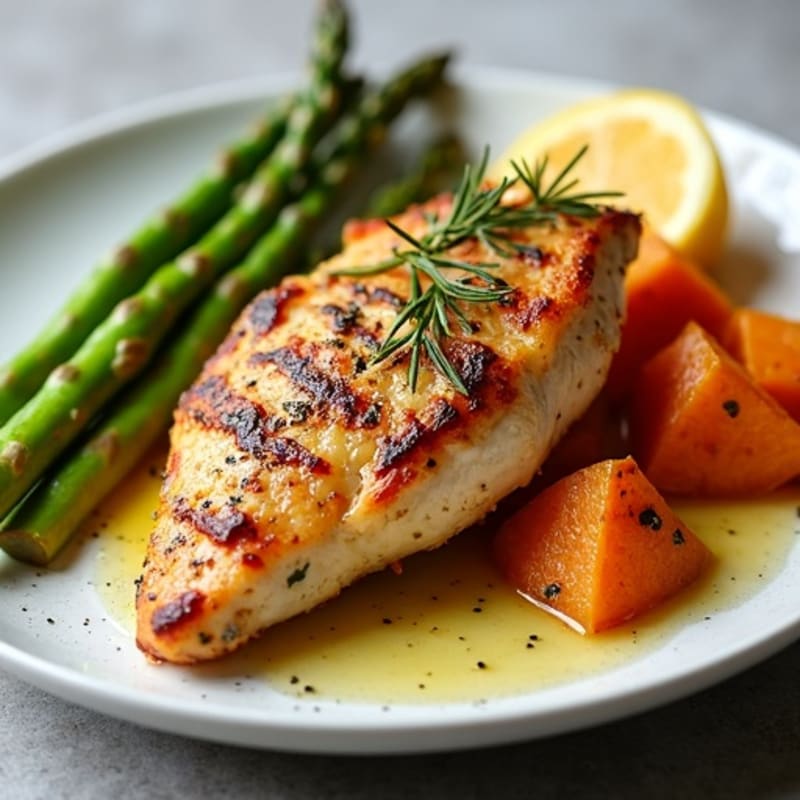 Crispy Lemon-Herb Roasted Chicken with Tender Asparagus and Sweet Potatoes
