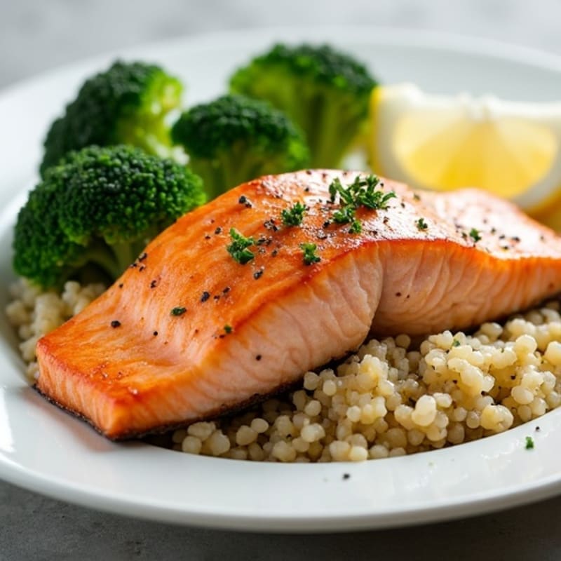 Seared Salmon with Steamed Broccoli and Quinoa Pilaf