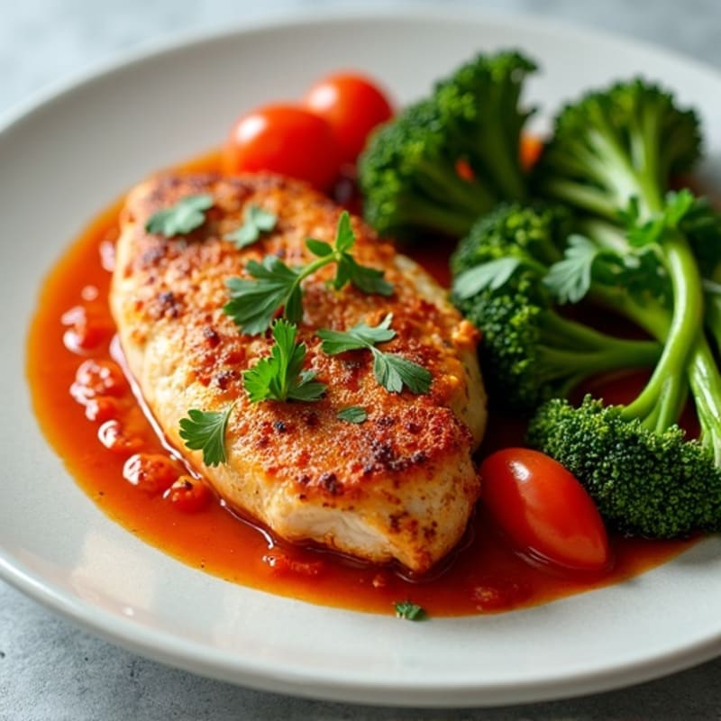 Crispy Chicken with Fresh Tomato Herb Sauce and Roasted Broccolini