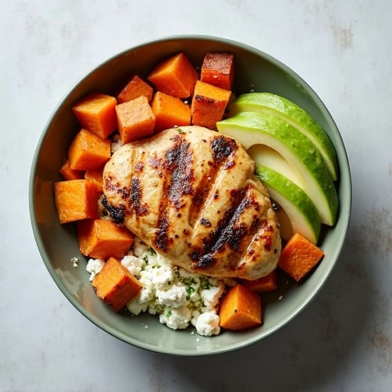 Grilled Chicken and Sweet Potato Bowl with Fresh Pears, Cheese & Avocado