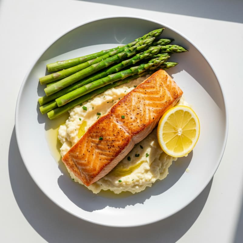 Seared Salmon with Steamed Asparagus and Garlic Mashed Cauliflower
